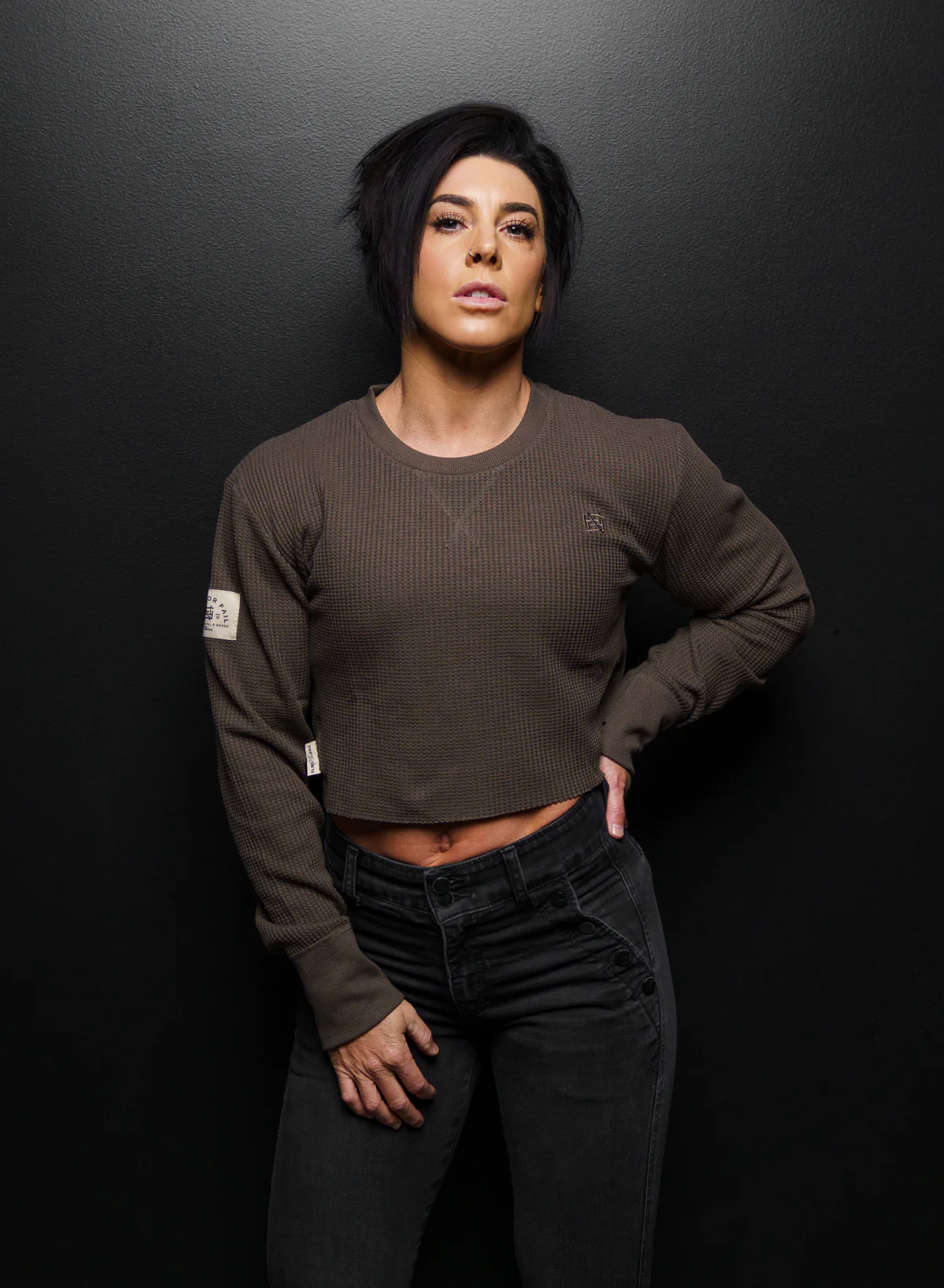 WOMEN'S FOREVER WAFFLE KNIT CROP - OLIVE GREY - Image 3