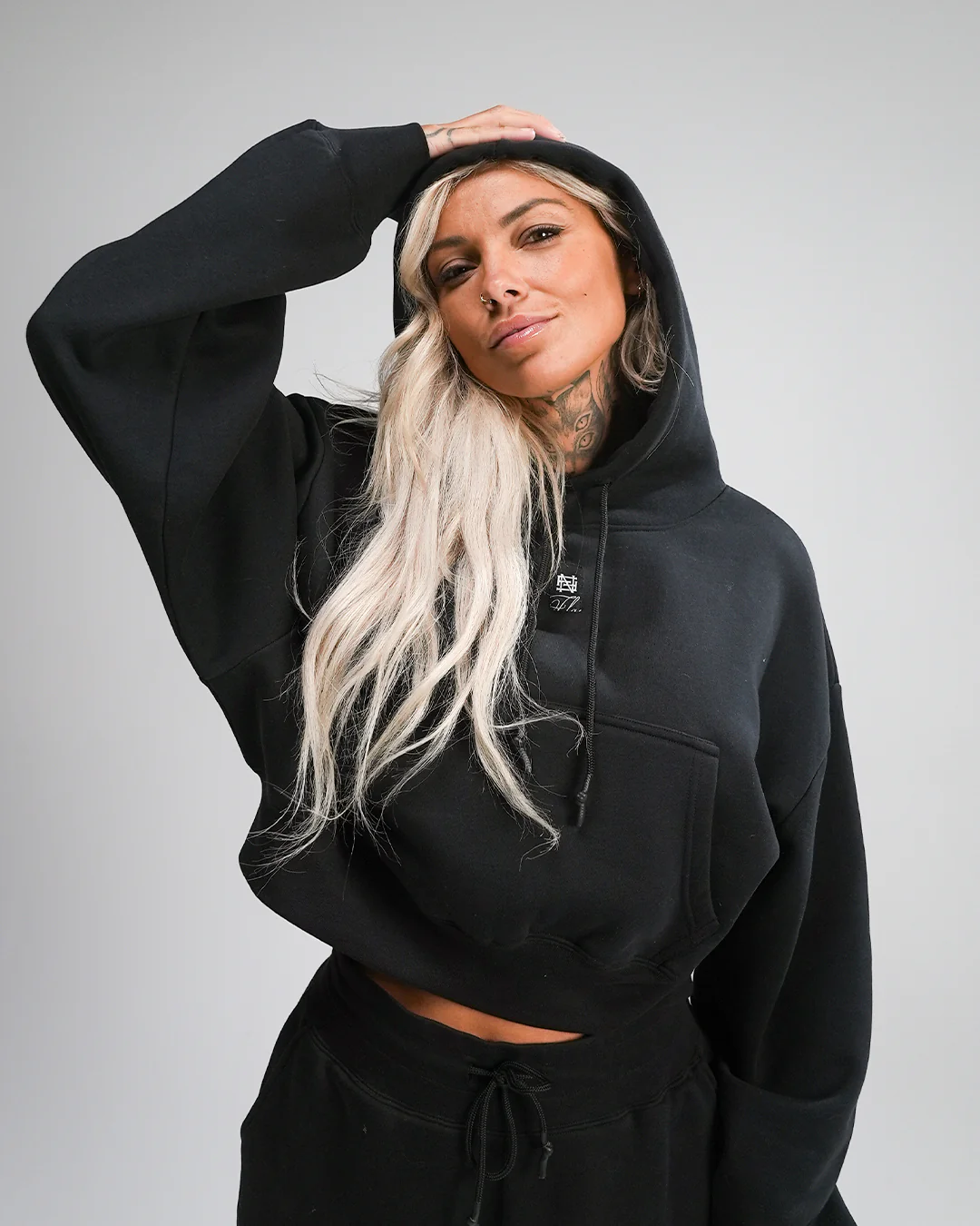 WOMENS OVERSIZED CROP HOODIE - BLACK - Image 12
