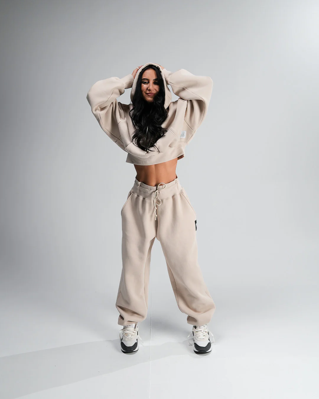 WOMENS OVERSIZED CROP HOODIE - TAN - Image 2