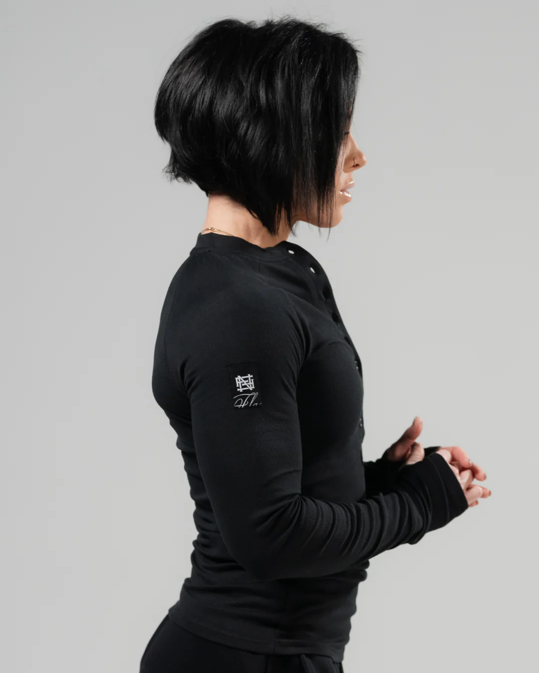 WOMENS RIBBED HENLEY - BLACK - Image 4